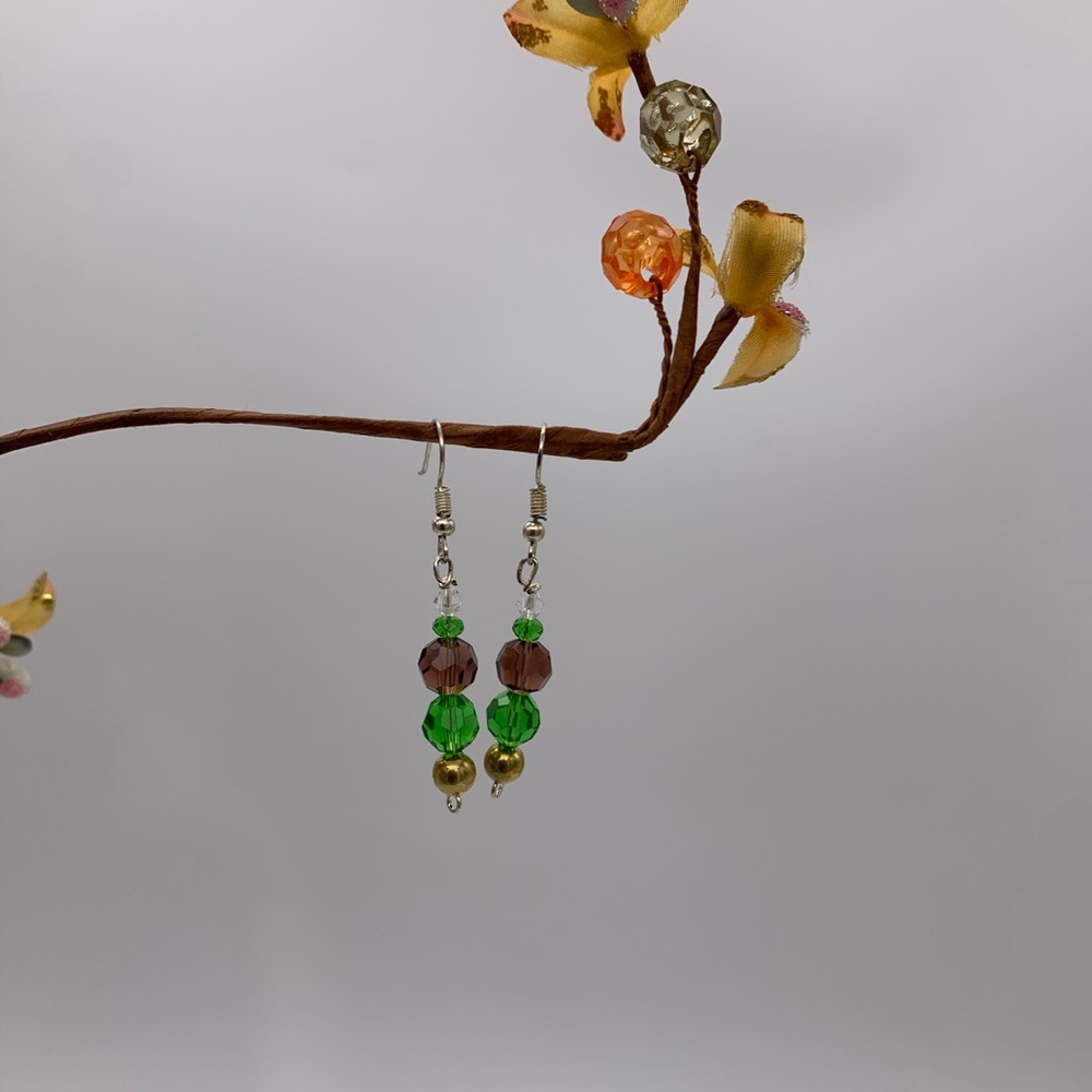 Lovely Crystal Green Purple Shiny Faced Glass Dangle Earrings With Gold Beads